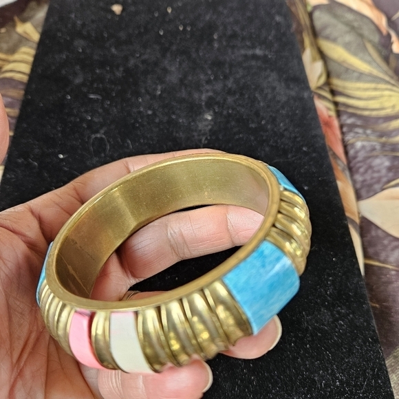 Vintage Boho Brass with Blue and Pink Enamel Panels - Picture 6 of 11